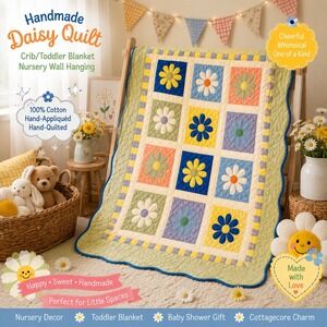 Handmade Daisy Quilt Crib Toddler Blanket Nursery Wall Hanging 100% Cotton
